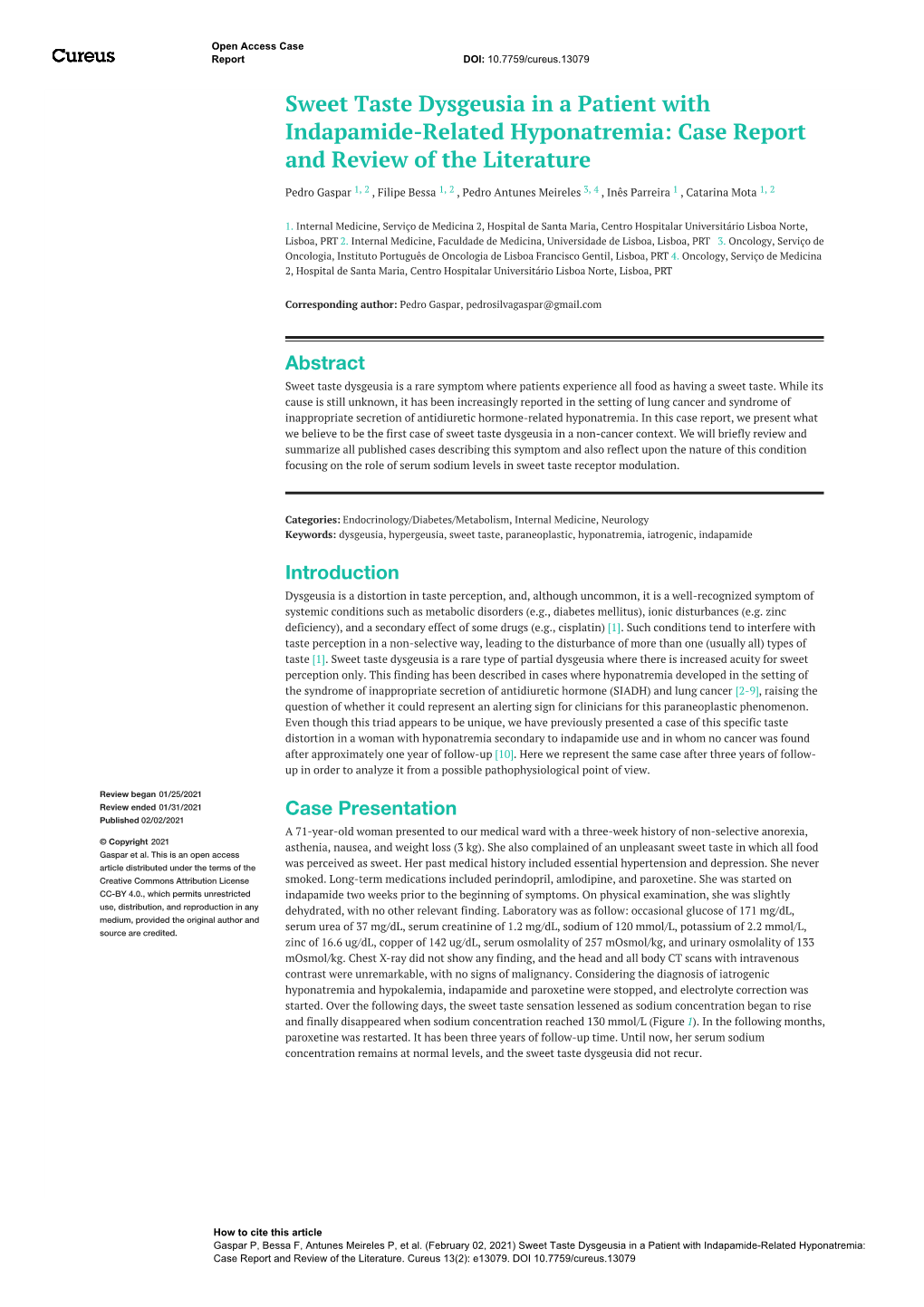 Sweet Taste Dysgeusia in a Patient with Indapamide-Related Hyponatremia: Case Report and Review of the Literature