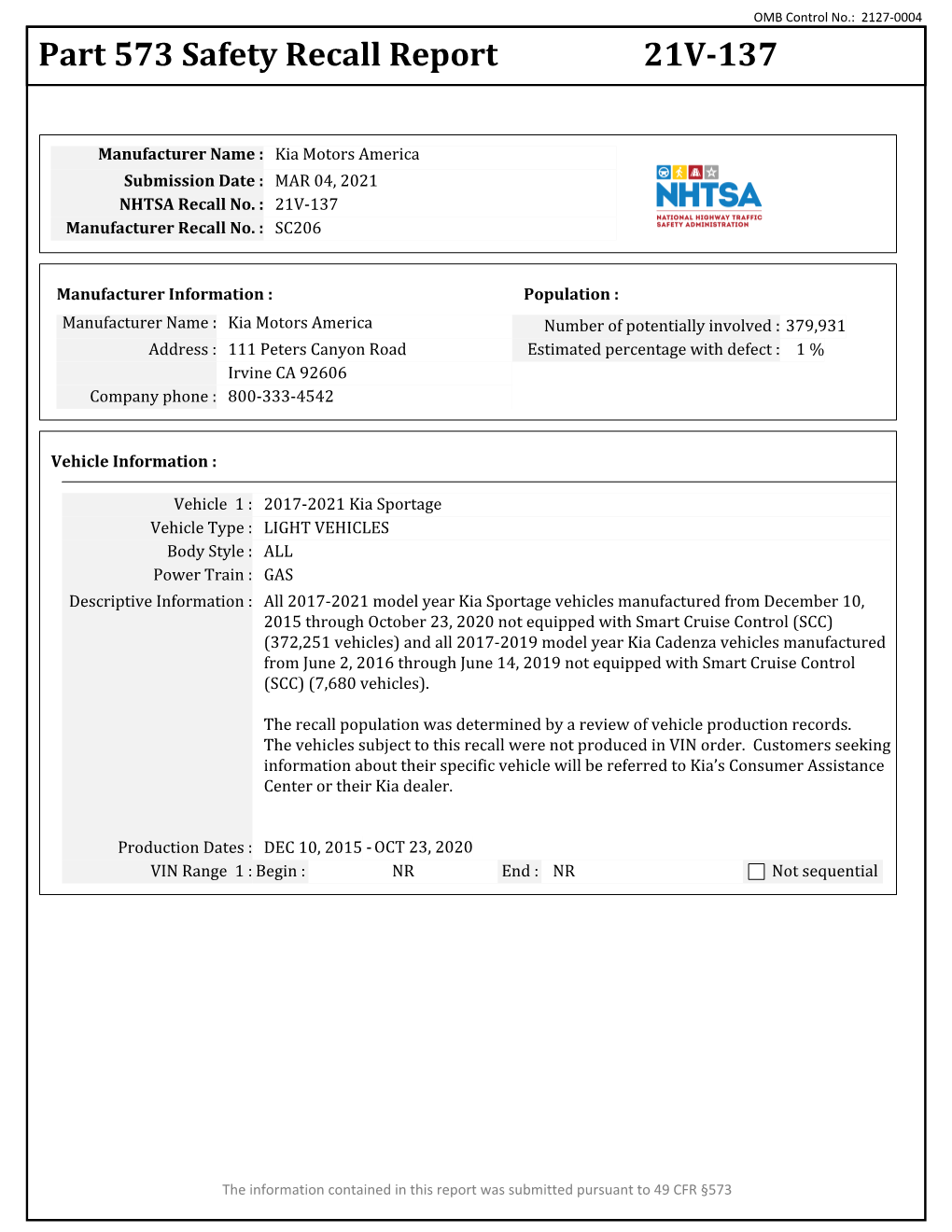 Part 573 Safety Recall Report 21V-137