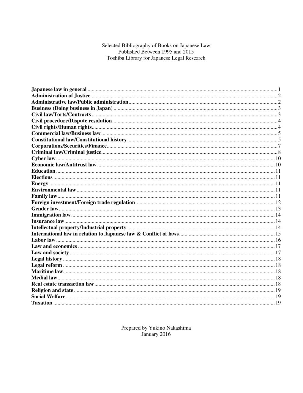 Selected Bibliography of Books on Japanese Law Published Between 1995 and 2015 Toshiba Library for Japanese Legal Research