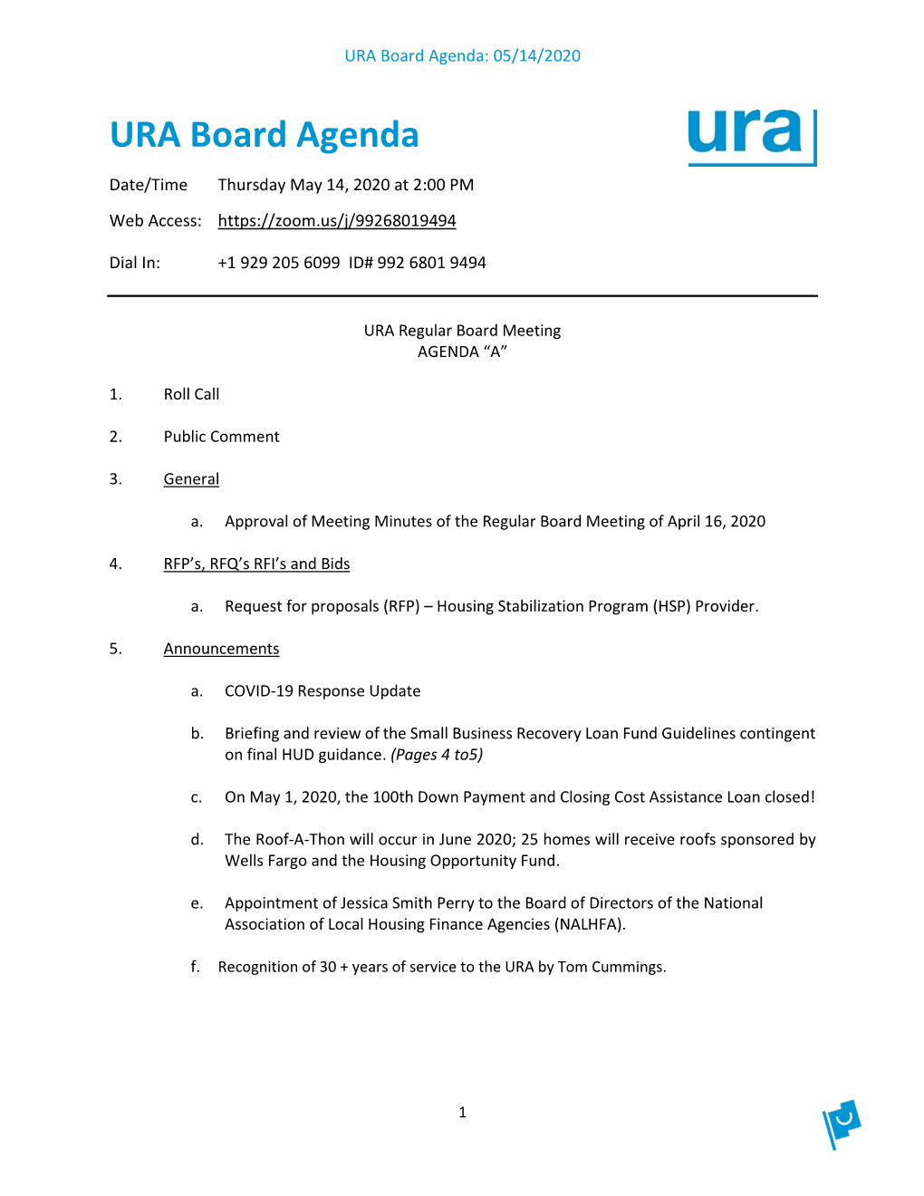URA Board Agenda: 05/14/2020