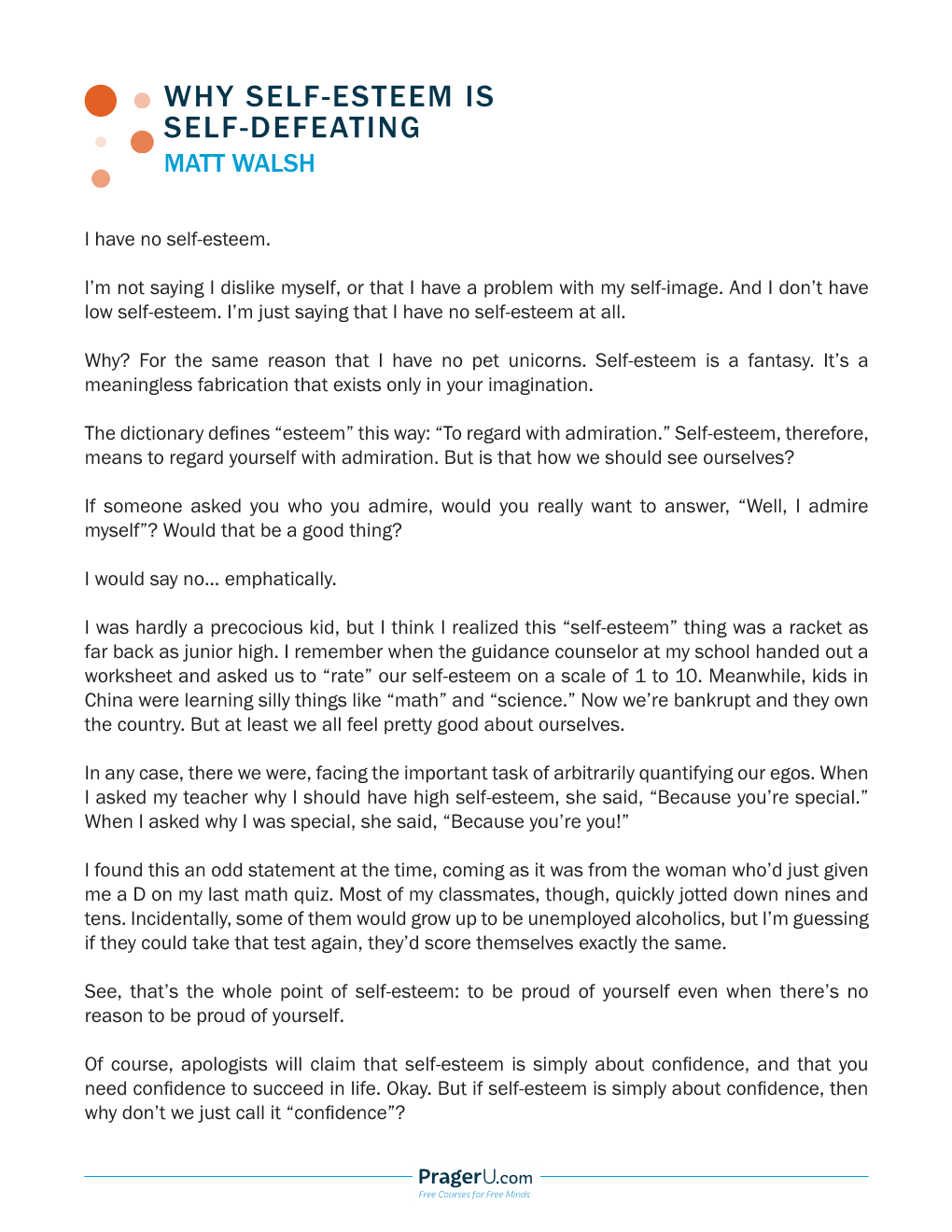 Why Self-Esteem Is Self-Defeating Matt Walsh