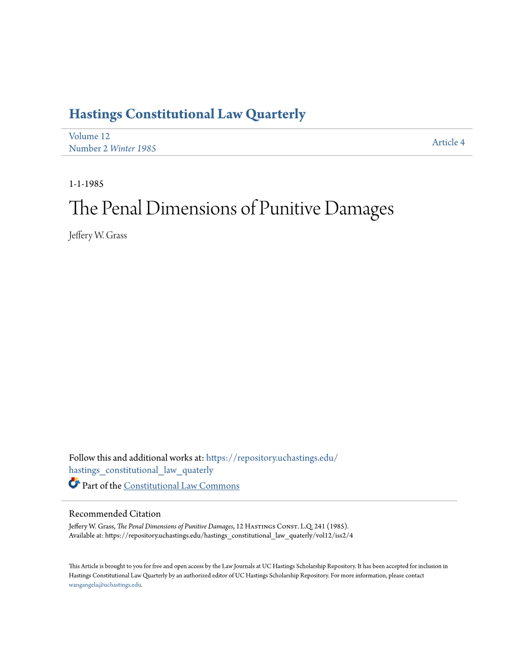 The Penal Dimensions of Punitive Damages, 12 Hastings Const