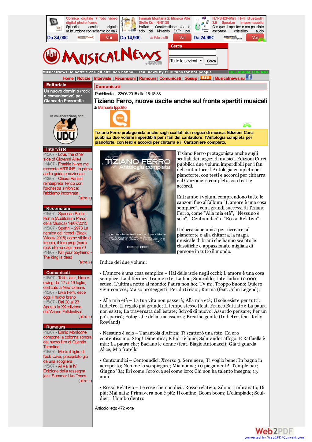 22/06/2015 Musicalnews.Com TIZIANO FERRO, NUOVE USCITE