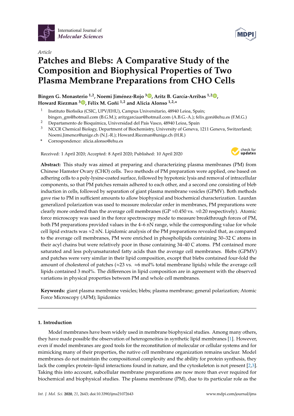 Patches and Blebs: a Comparative Study of the Composition and Biophysical Properties of Two Plasma Membrane Preparations from CHO Cells