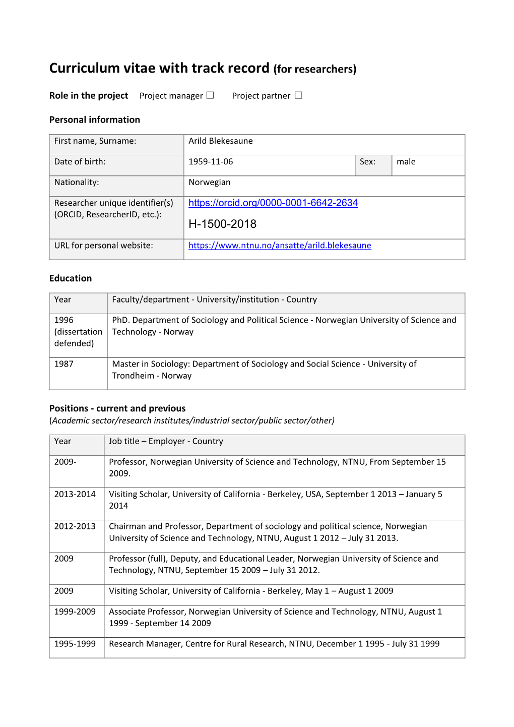 Curriculum Vitae with Track Record (For Researchers)