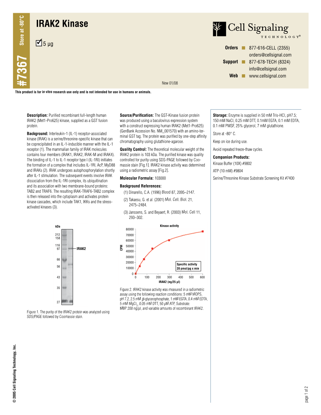 IRAK2 Kinase 3  in Vitro 5 Μg Purified Recombinantfull-Lengthhuman Interleukin-1 (IL-1)Receptor-Associated Researchuseonlyandisnotintendedforinhumansoranimals