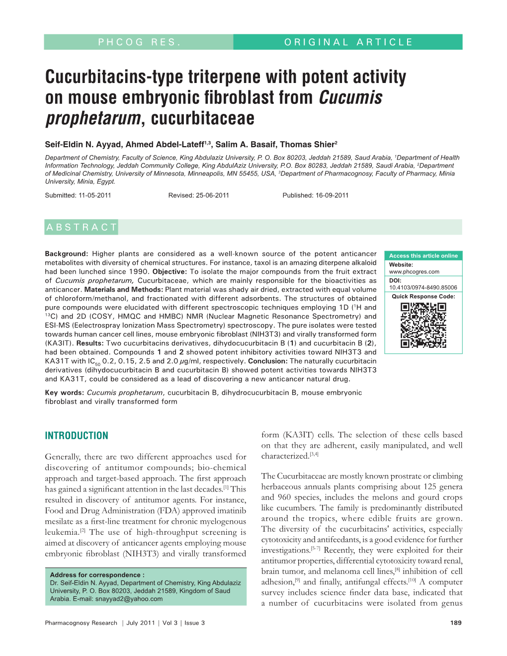 Cucurbitacins-Type Triterpene with Potent Activity on Mouse Embryonic ﬁ Broblast from Cucumis Prophetarum, Cucurbitaceae