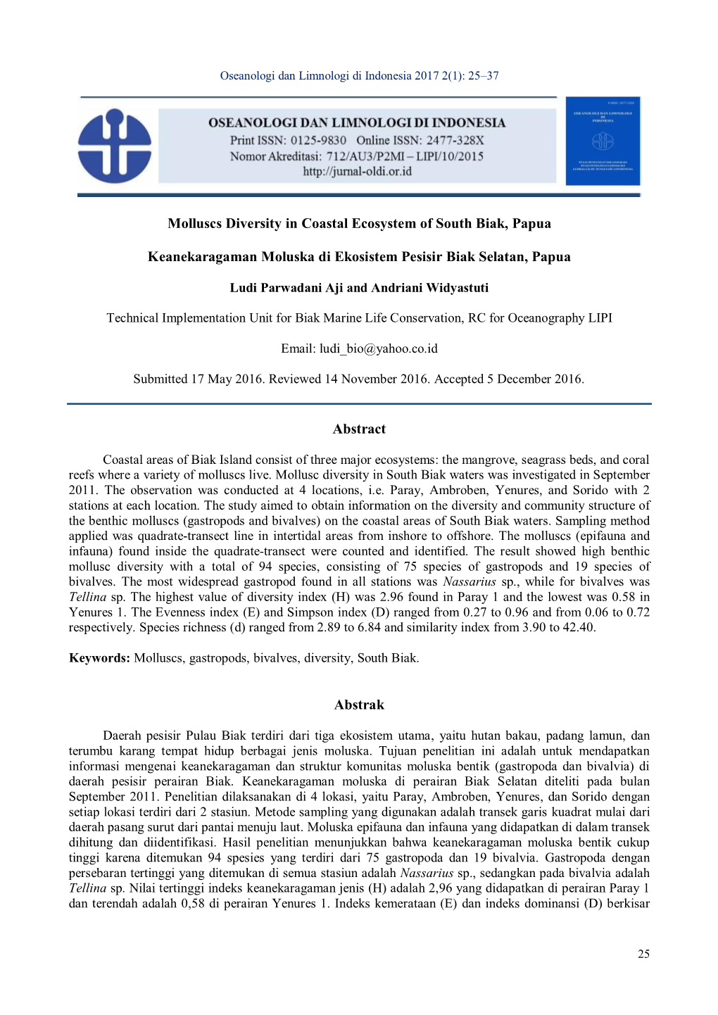 Molluscs Diversity in Coastal Ecosystem of South Biak, Papua