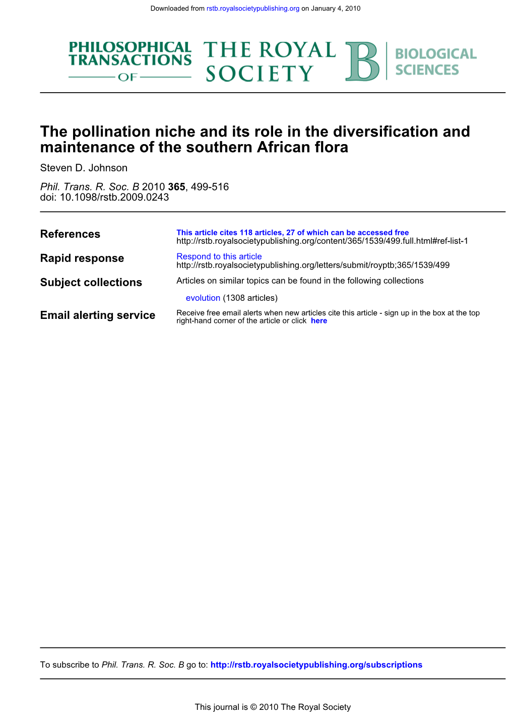 Maintenance of the Southern African Flora the Pollination Niche and Its