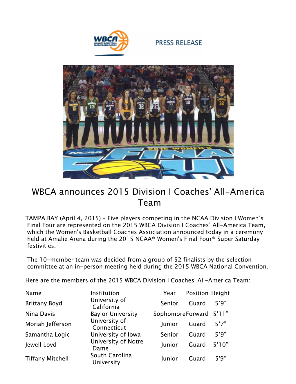 WBCA Announces 2015 Division I Coaches' All-America Team 2014