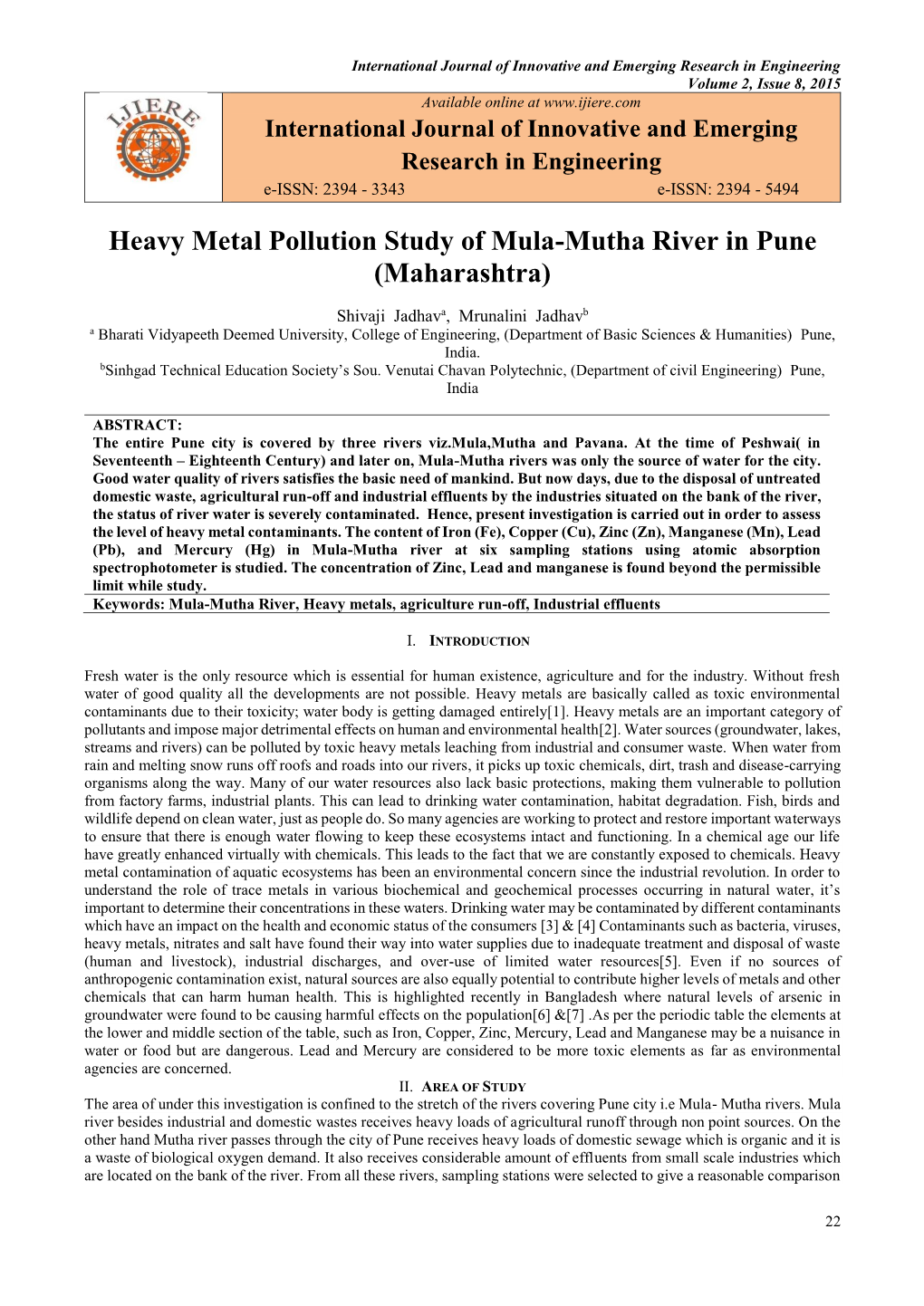 Heavy Metal Pollution Study of Mula-Mutha River in Pune (Maharashtra)