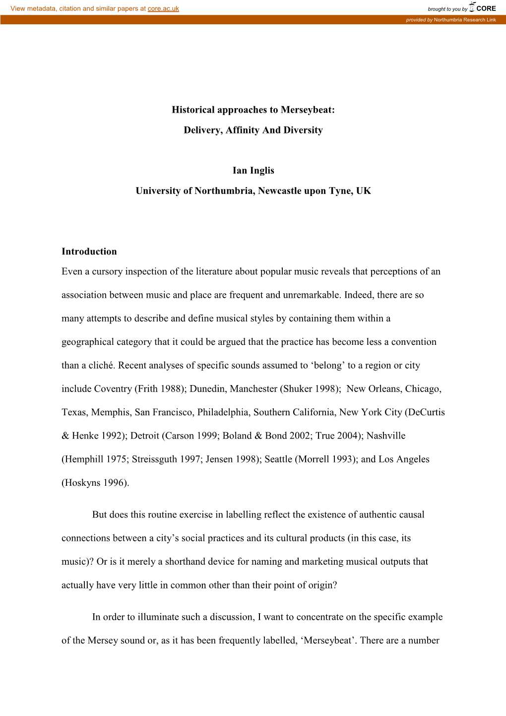 Historical Approaches to Merseybeat: Delivery, Affinity and Diversity