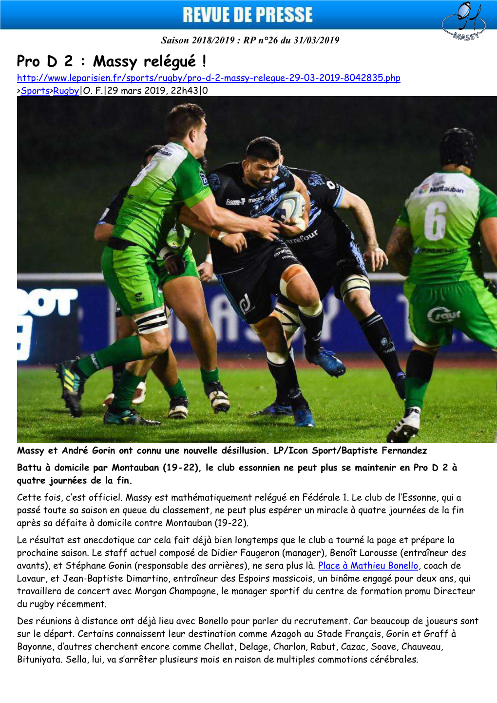 Pro D 2 : Massy Relégué ! >Sports>Rugby|O