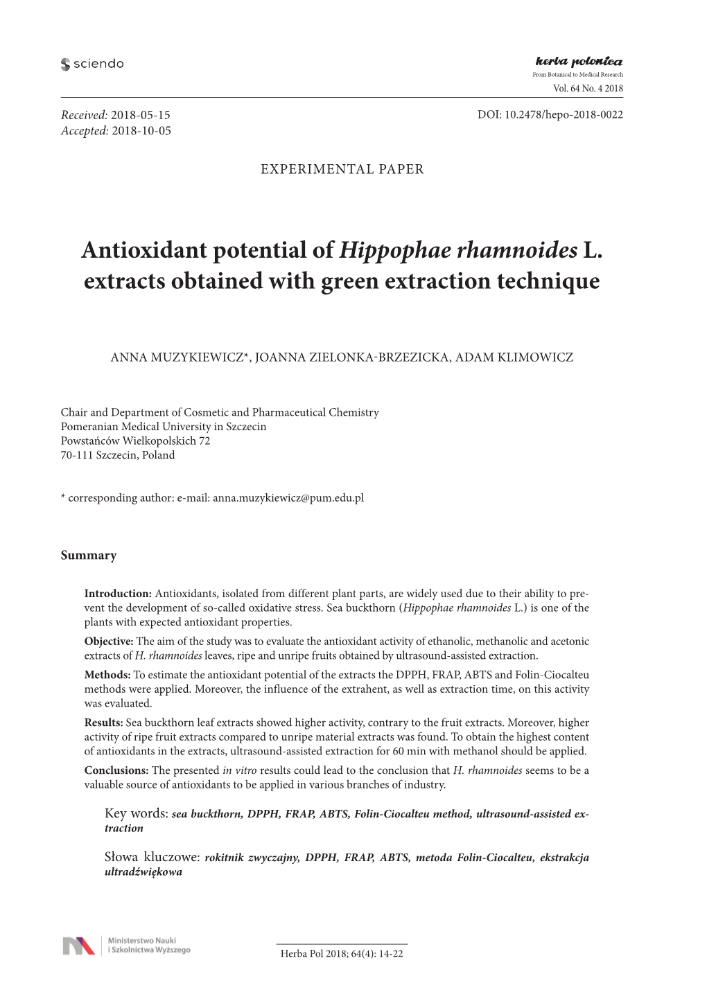 Antioxidant Potential of Hippophae Rhamnoides L. Extracts Obtained with Green Extraction Technique