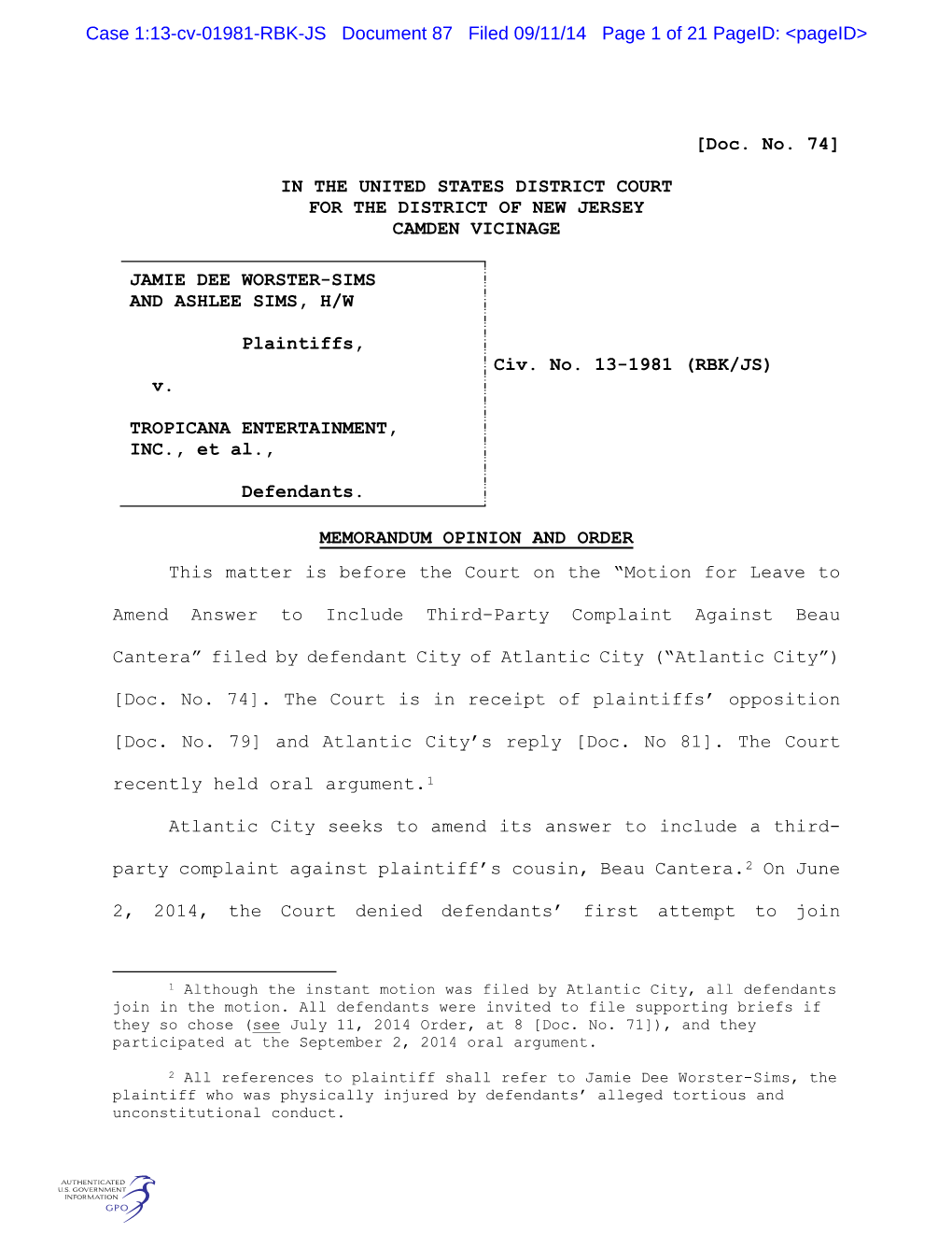 [Doc. No. 74] in the UNITED STATES DISTRICT COURT for THE