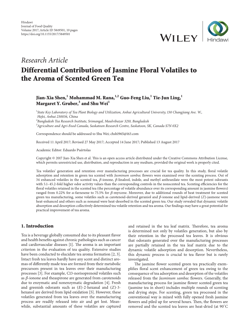 Differential Contribution of Jasmine Floral Volatiles to the Aroma of Scented Green Tea