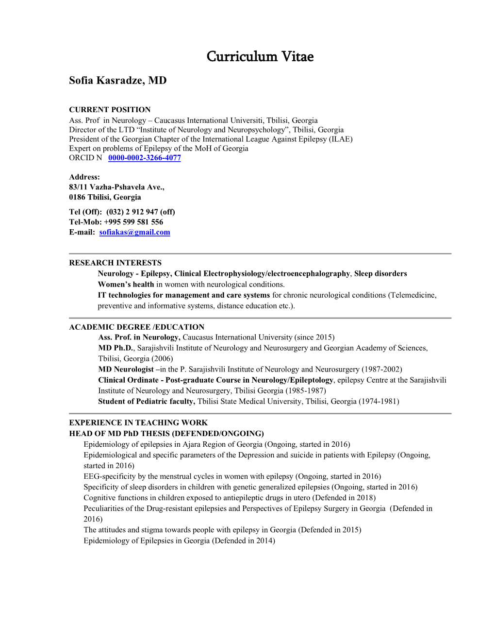 Curriculum Vitae Sofia Kasradze, MD