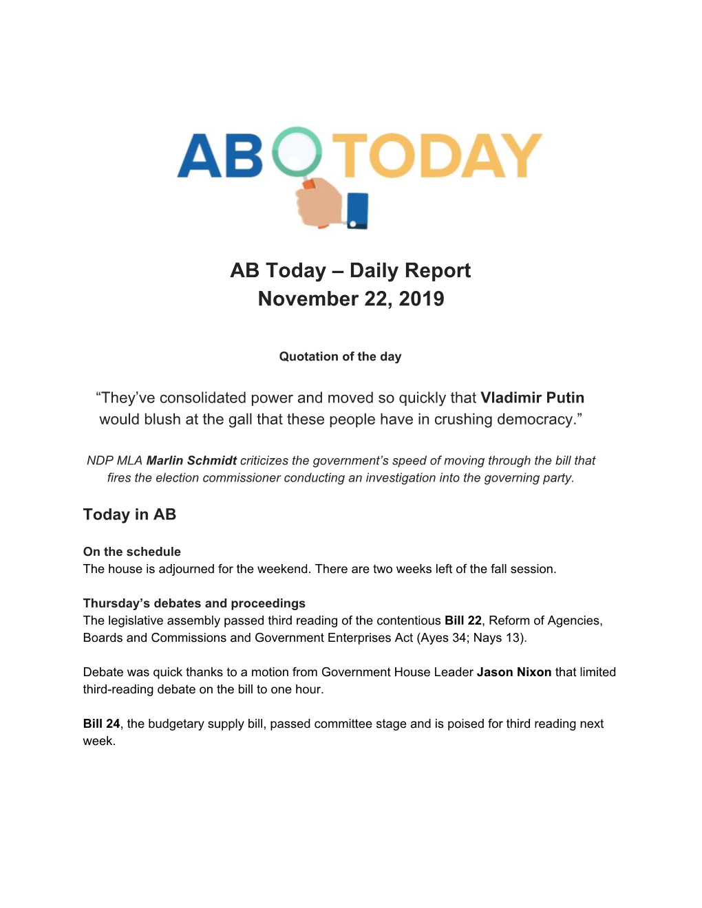 AB Today – Daily Report November 22, 2019