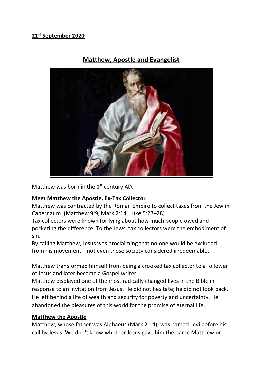 Matthew, Apostle and Evangelist