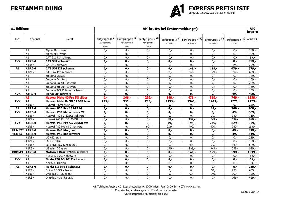 ERSTANMELDUNG EXPRESS PREISLISTE Gültig Ab 18.01.2021 Bis Auf Widerruf