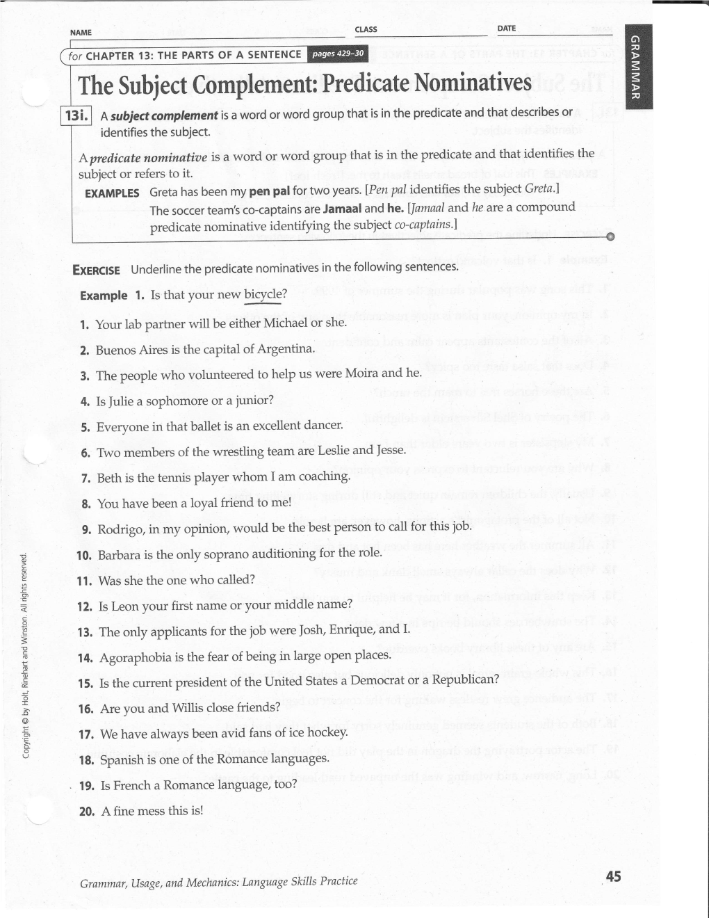 The Subject Complement: Predicate Nominatives