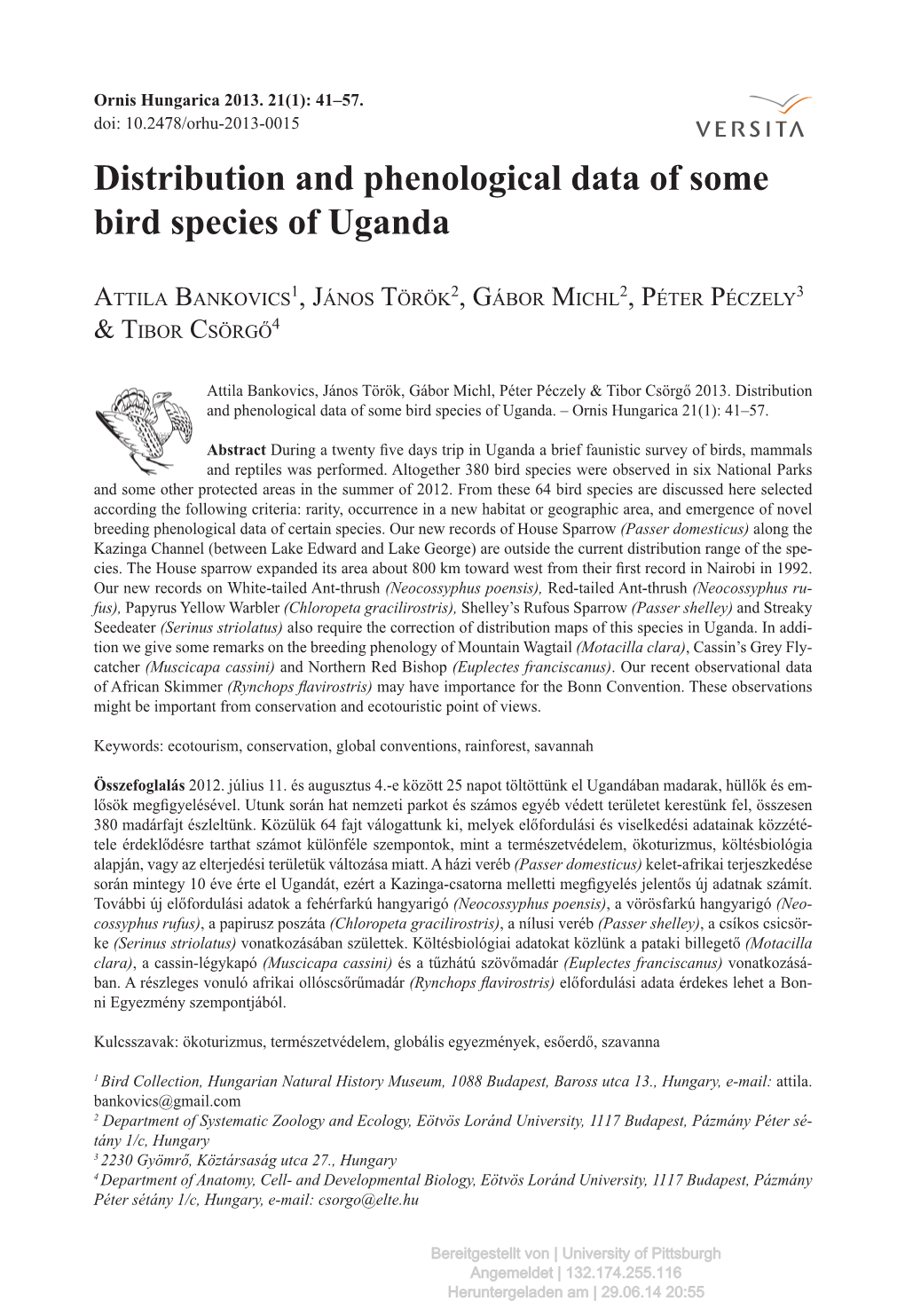 Distribution and Phenological Data of Some Bird Species of Uganda