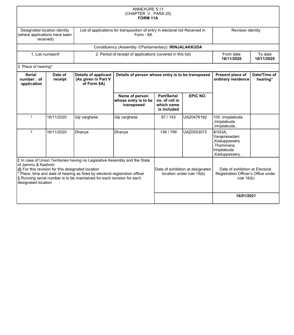 FORM 11A Designated Location Identity