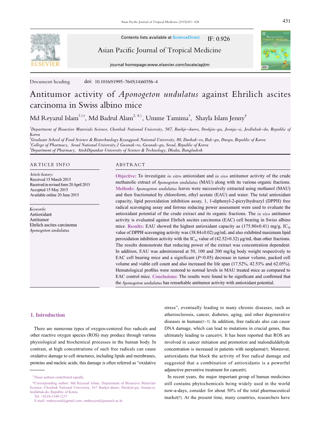 Antitumor Activity of Aponogeton Undulatus Against Ehrilich Ascites