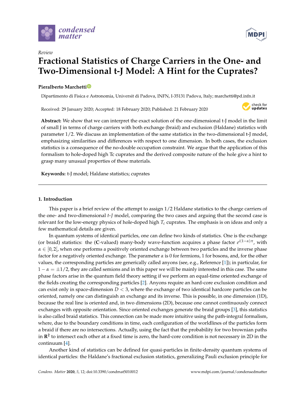 Fractional Statistics of Charge Carriers in the One- and Two-Dimensional T-J Model: a Hint for the Cuprates?