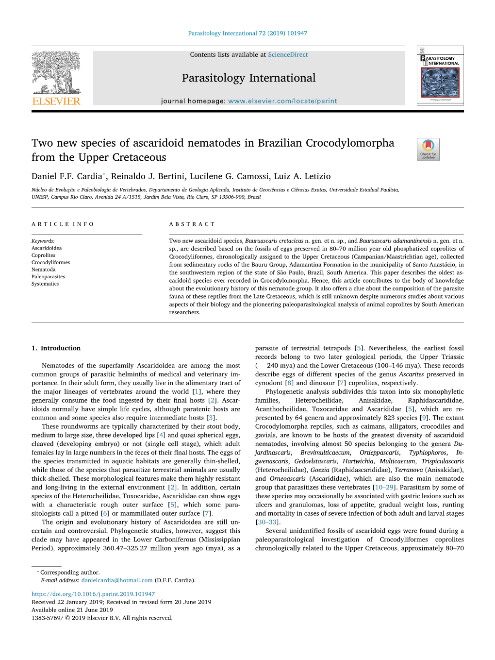 Two New Species of Ascaridoid Nematodes in Brazilian Crocodylomorpha from the Upper Cretaceous T ⁎ Daniel F.F