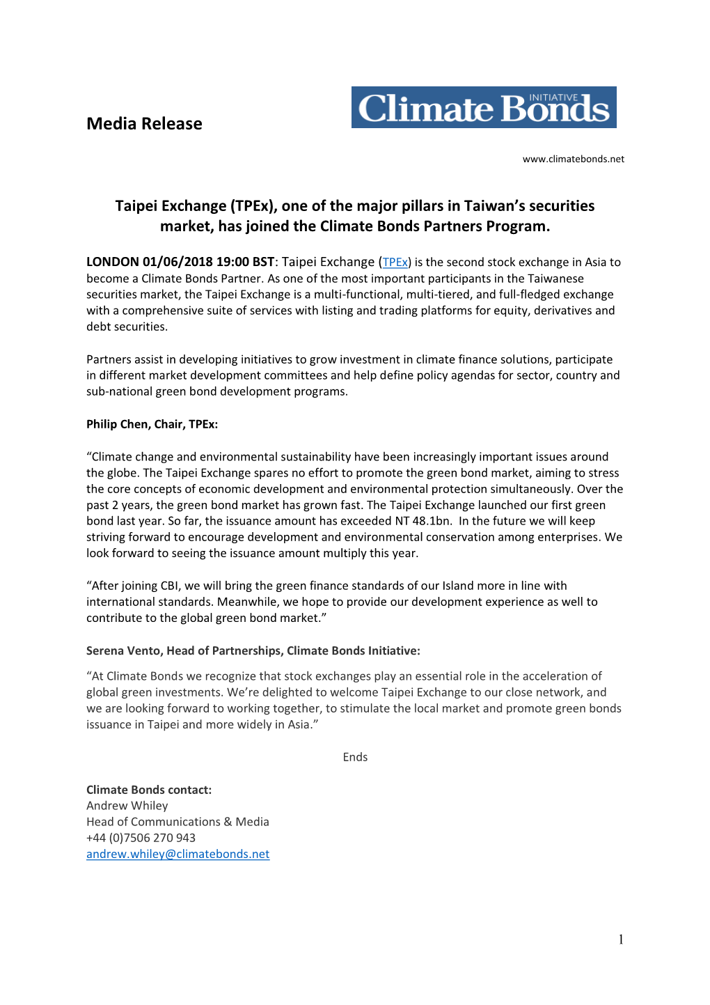 Taipei Exchange (Tpex), One of the Major Pillars in Taiwan’S Securities Market, Has Joined the Climate Bonds Partners Program