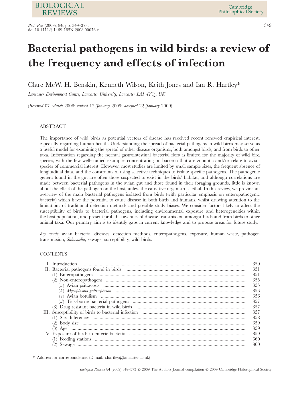 Bacterial Pathogens in Wild Birds: a Review of the Frequency and Effects of Infection