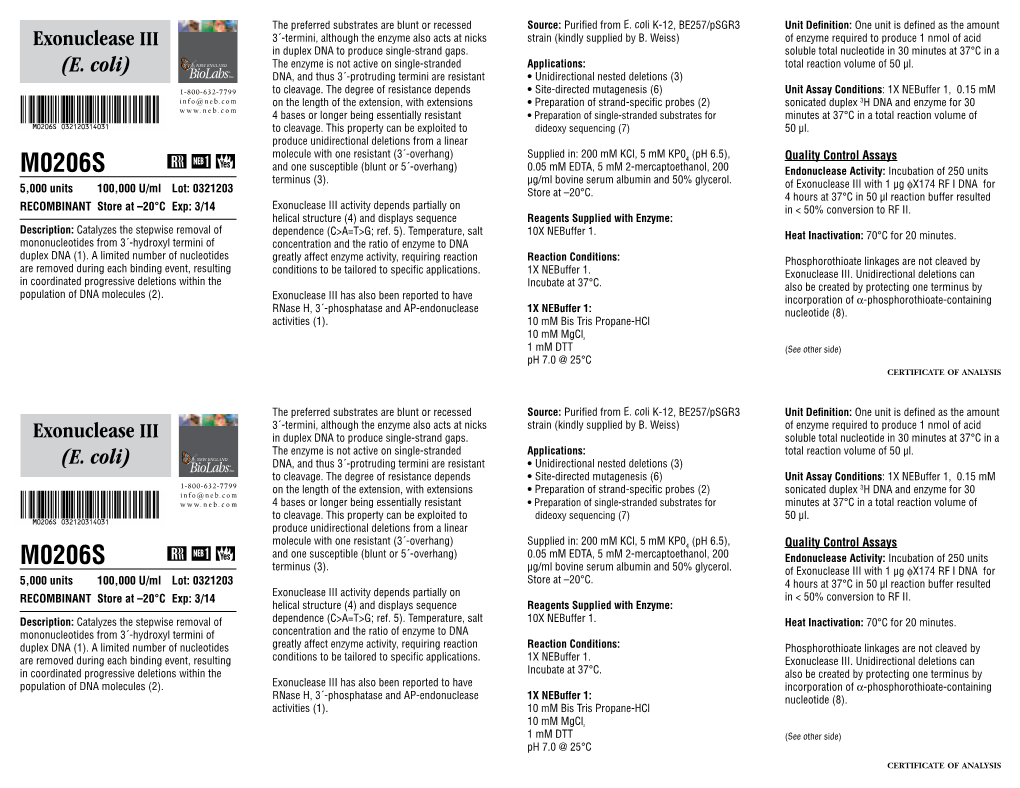 Datasheet for Exonuclease III (E. Coli)