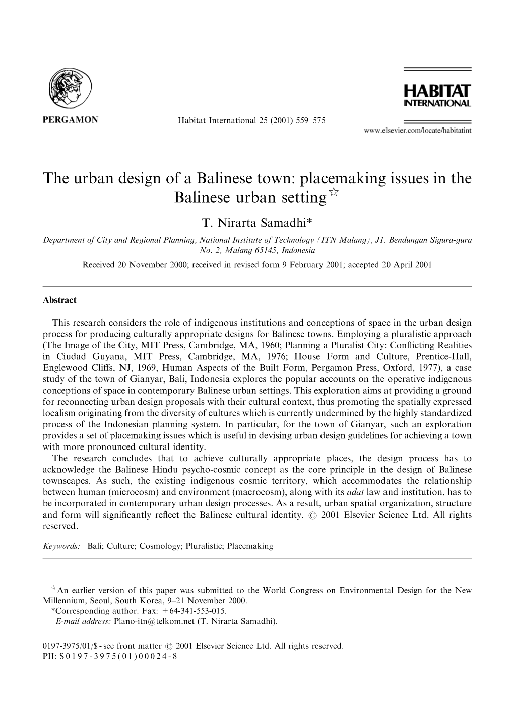 The Urban Design of a Balinese Town: Placemaking Issues in the Balinese Urban Setting$ T