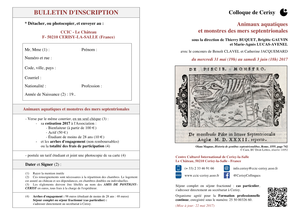 BULLETIN D'inscription Colloque De Cerisy