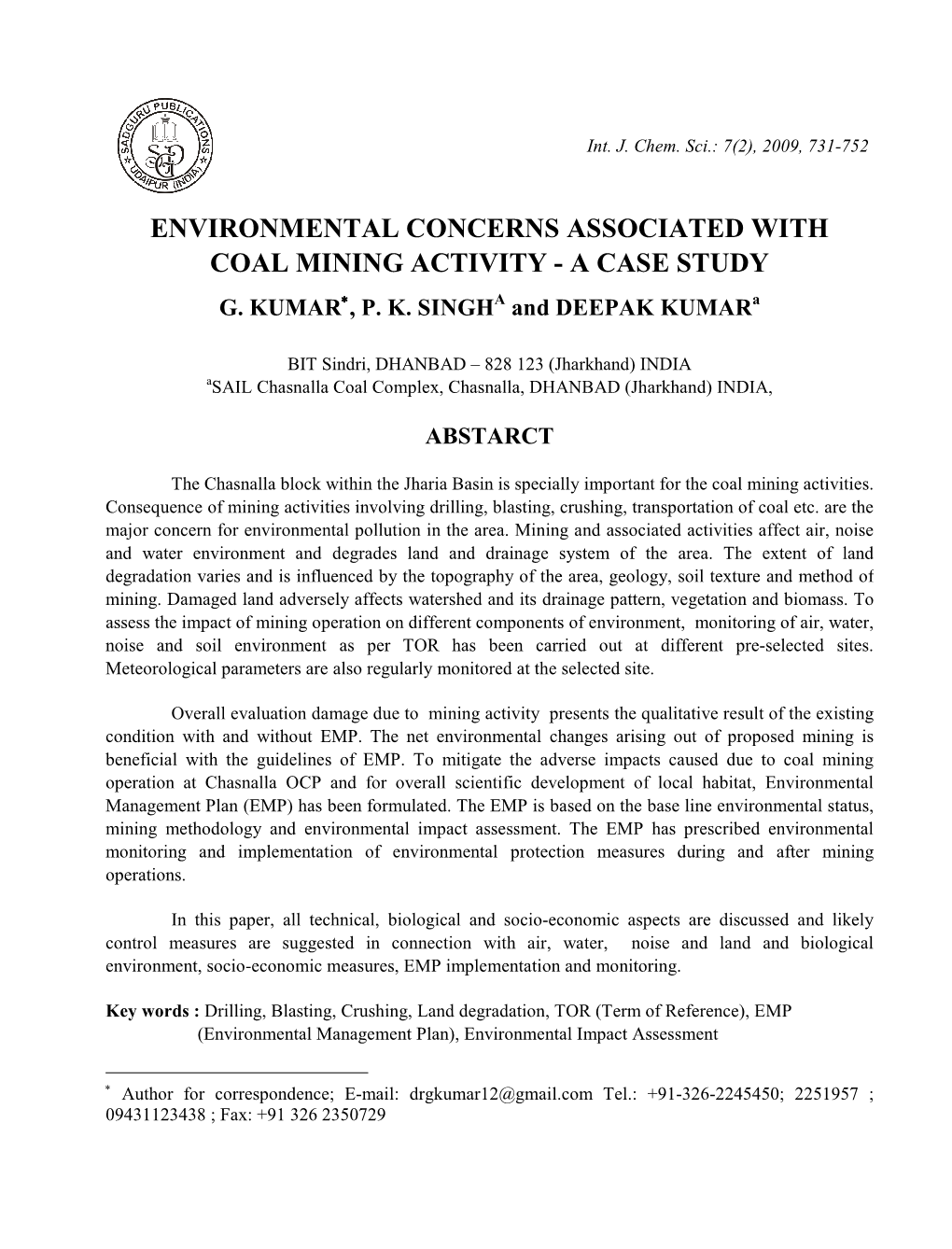 Environmental Concerns Associated with Coal Mining Activity - a Case Study G