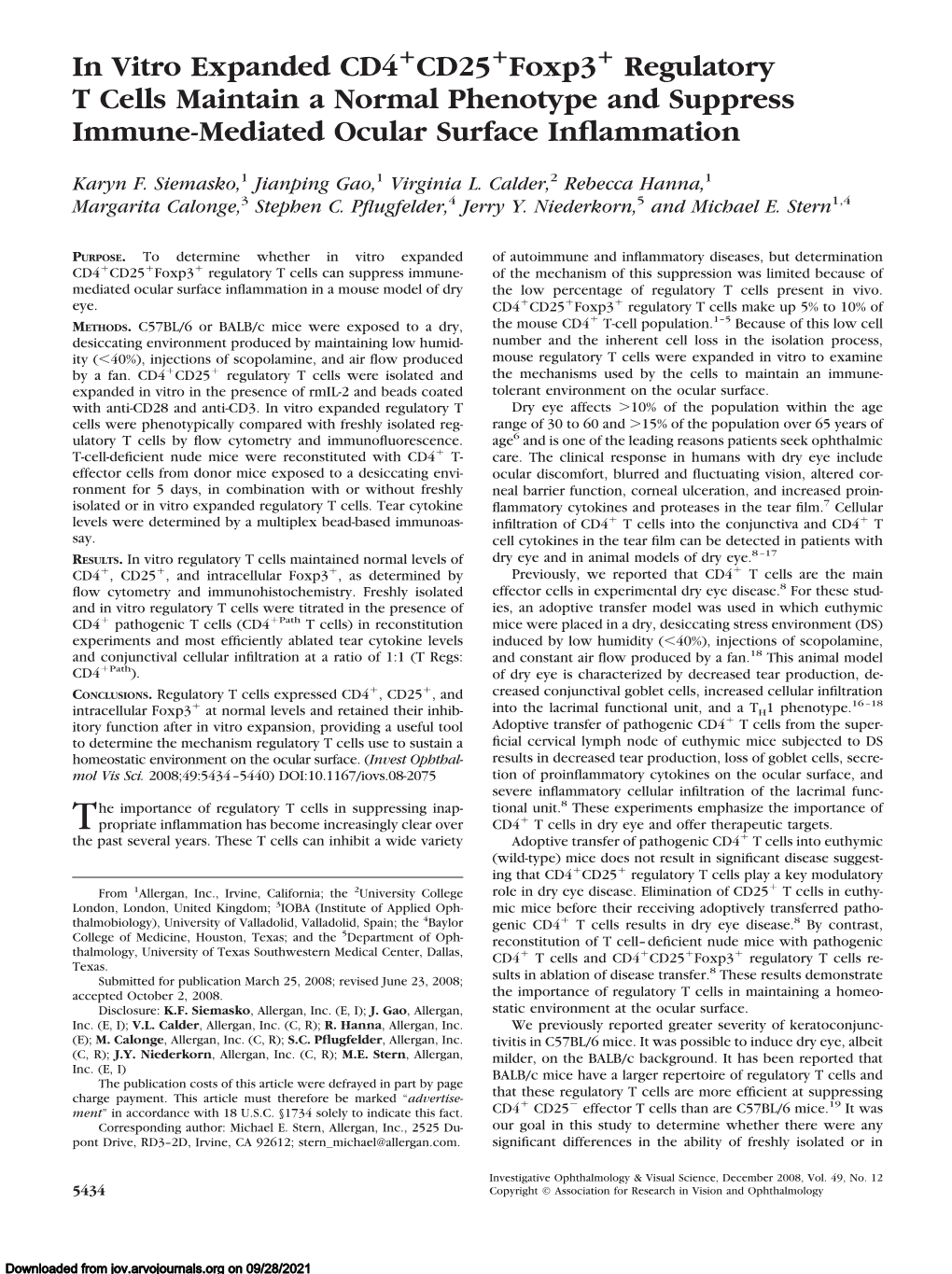 In Vitro Expanded CD4 CD25 Foxp3 Regulatory T Cells Maintain A