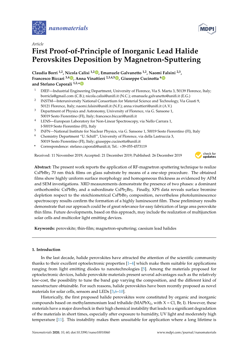 First Proof-Of-Principle of Inorganic Lead Halide Perovskites Deposition by Magnetron-Sputtering