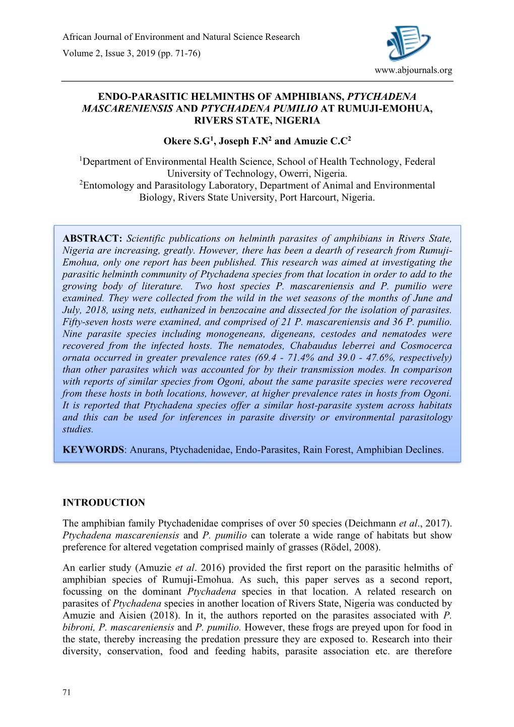 Endo-Parasitic Helminths of Amphibians, Ptychadena