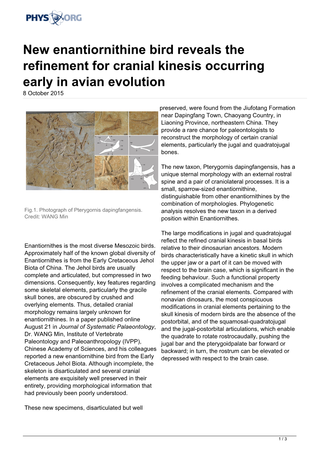 New Enantiornithine Bird Reveals the Refinement for Cranial Kinesis Occurring Early in Avian Evolution 8 October 2015