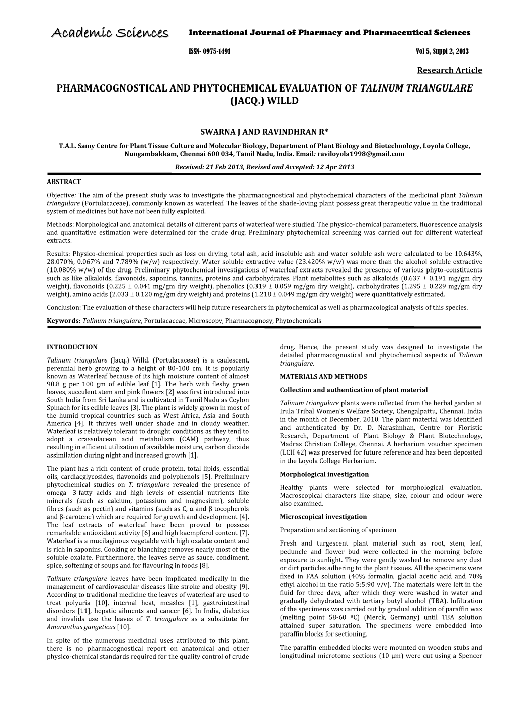 Pharmacognostical and Phytochemical Evaluation of Talinum Triangulare (Jacq.) Willd