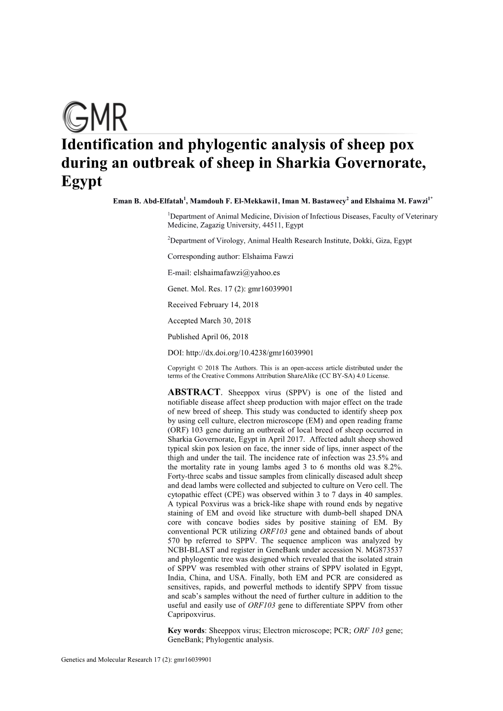 Identification and Phylogentic Analysis of Sheep Pox During an Outbreak of Sheep in Sharkia Governorate, Egypt