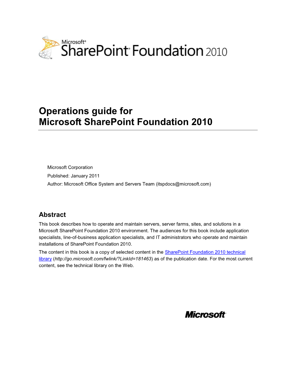 Operations Guide for Microsoft Sharepoint Foundation 2010