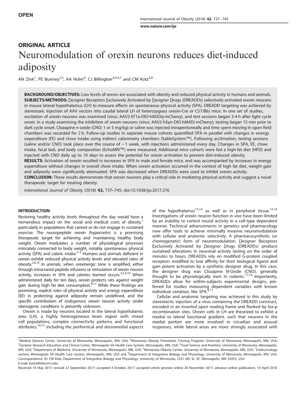 Neuromodulation of Orexin Neurons Reduces Diet-Induced Adiposity