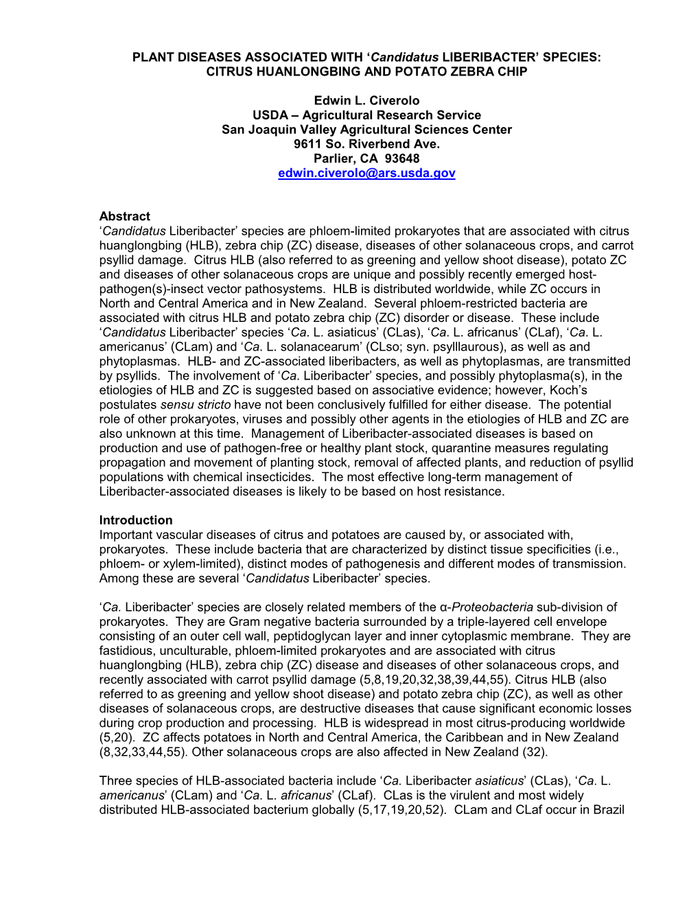 PLANT DISEASES ASSOCIATED with 'Candidatus LIBERIBACTER'