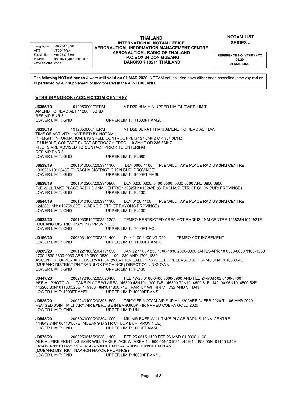 Thailand Vtbb (Bangkok (Acc/Fic/Com Centre)) Notam List Series J