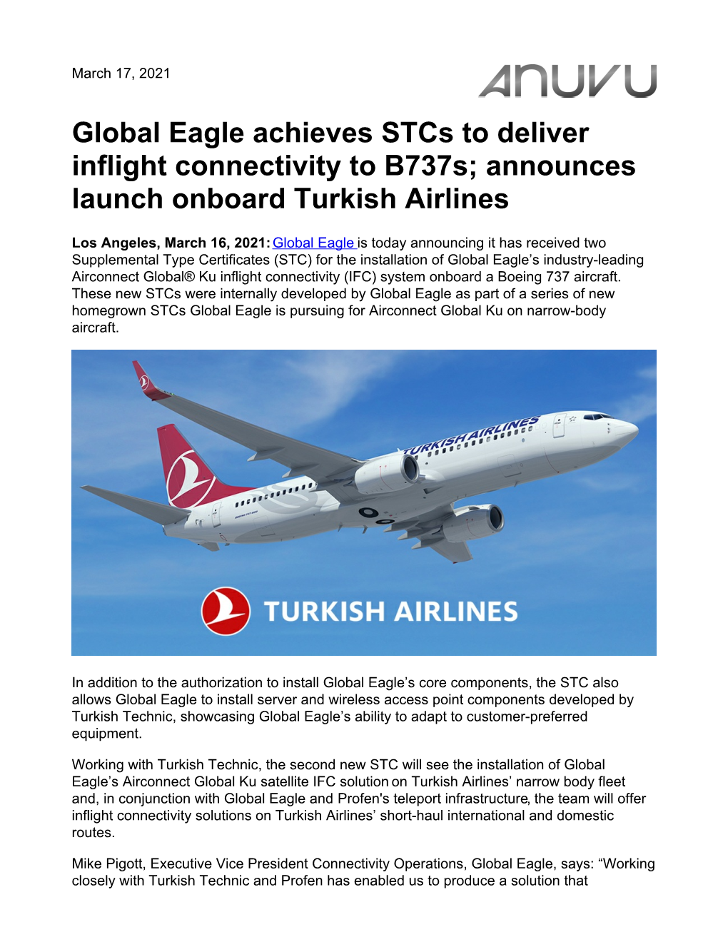 Global Eagle Achieves Stcs to Deliver Inflight Connectivity to B737s; Announces Launch Onboard Turkish Airlines