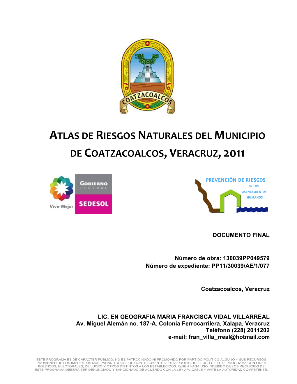 Atlas De Riesgos Naturales Del Municipio De Coatzacoalcos,Veracruz,2011