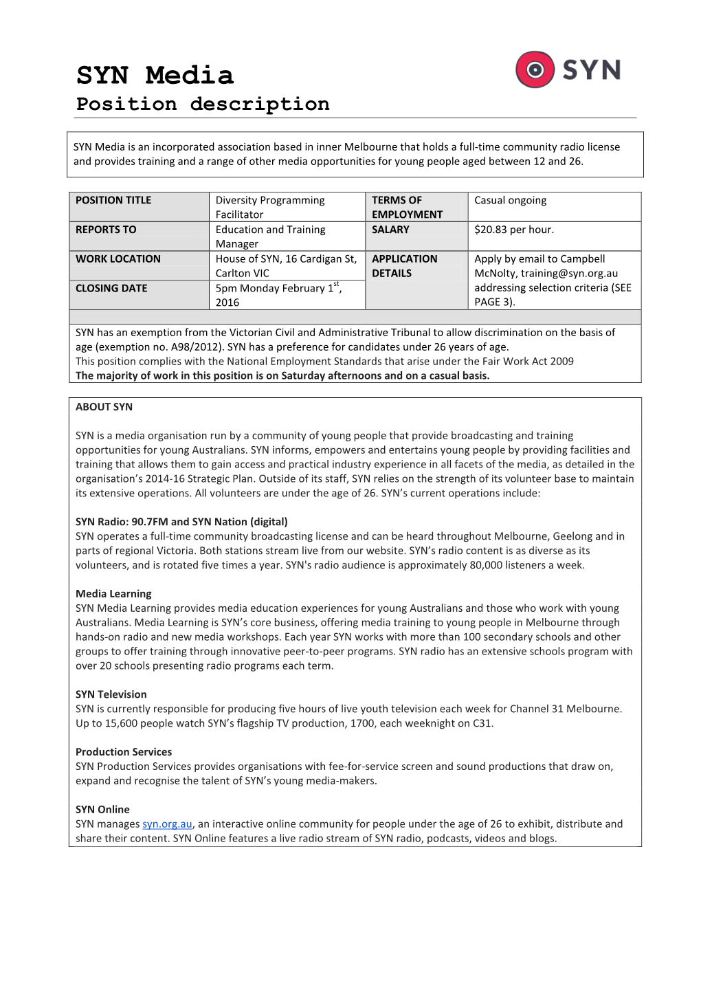 SYN Media Position Description