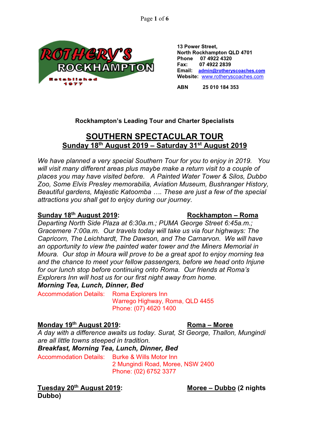 SOUTHERN SPECTACULAR TOUR Sunday 18Th August 2019 – Saturday 31St August 2019